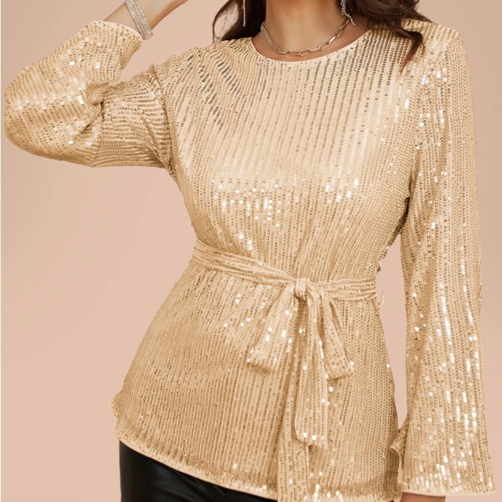 GRACE KARIN Almond Long Bell Sleeve Crew Neck Sequined Blouse Size Small